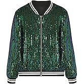 EXARUS Girls Sequin Bomber Jacket with Pockets Sparkle Glitter Lightweight Zipper Long Sleeve Jackets for Kid 6-12Y