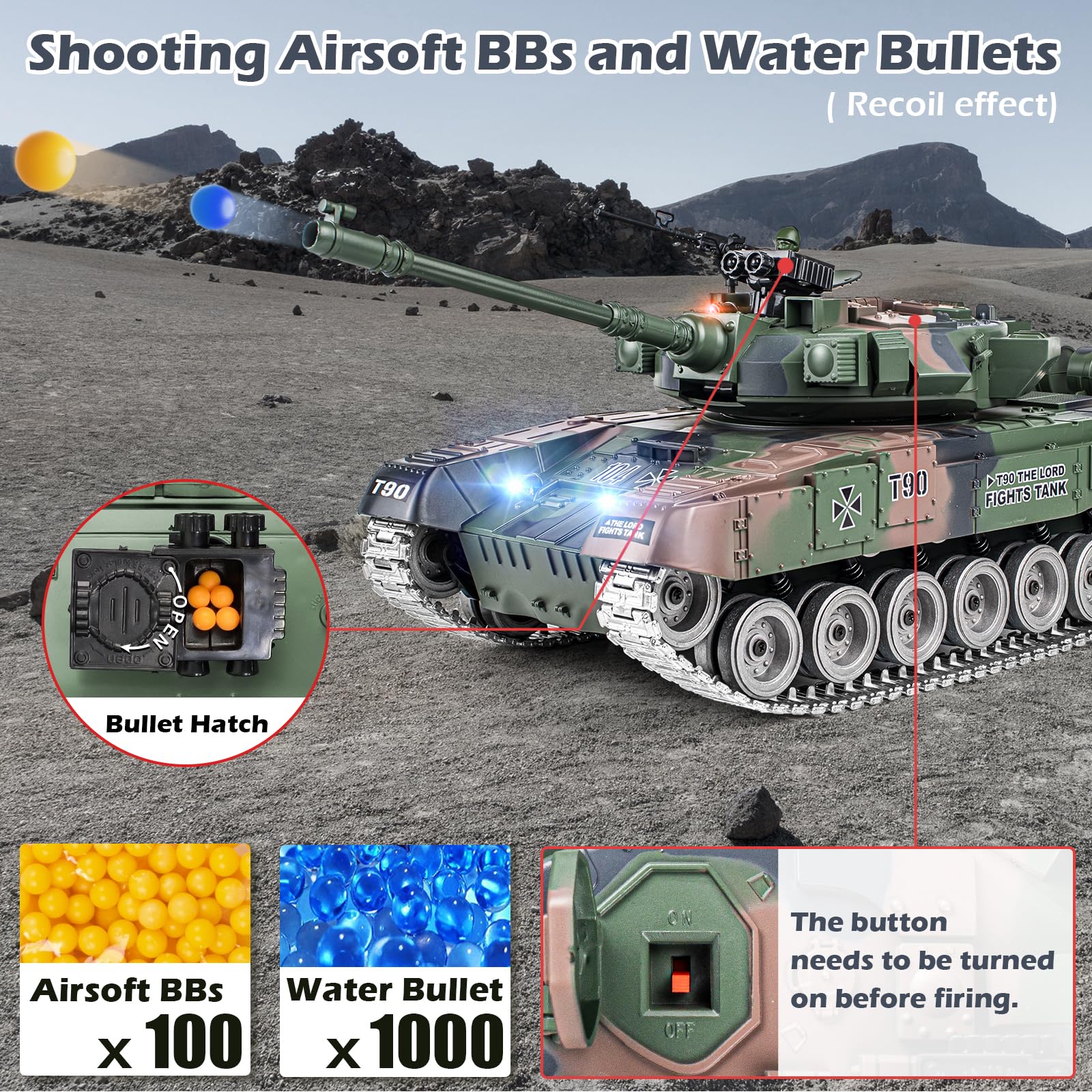 Supdex RC Tank, 1:18 RUS T-90 Alloy Metal Remote Control Model Army Toys, 2.4Ghz Military Tank with Smoke, Sound and Lights, RC Vehicle That Shoots BBS and Water Bombs for Adults and Kids