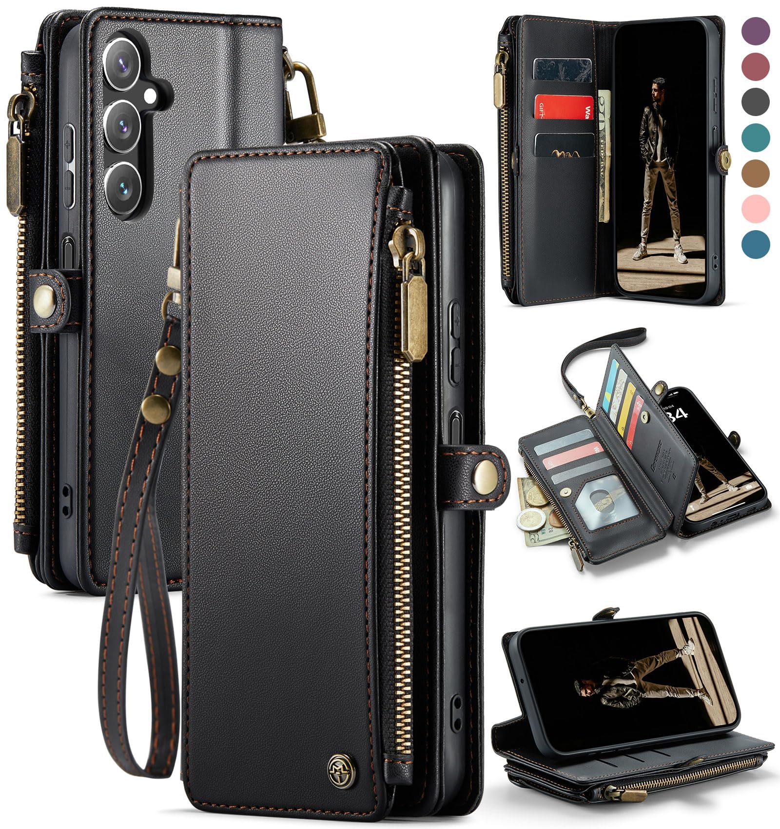 Defencase Compatible with Galaxy A16 5G Case Wallet with RFID Blocking Card Holder for Women and Men, PU Leather Magnetic Snap Flip Zipper Strap Wallet Phone Case for Samsung Galaxy A16/ A16 5G, Black