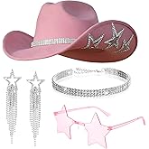 Chicingyou 4 Pcs Cowgirl Hat Necklace Earrings Star Sunglasses Set Western Glitter Rhinestone Star Cowboy Felt Hat for Women