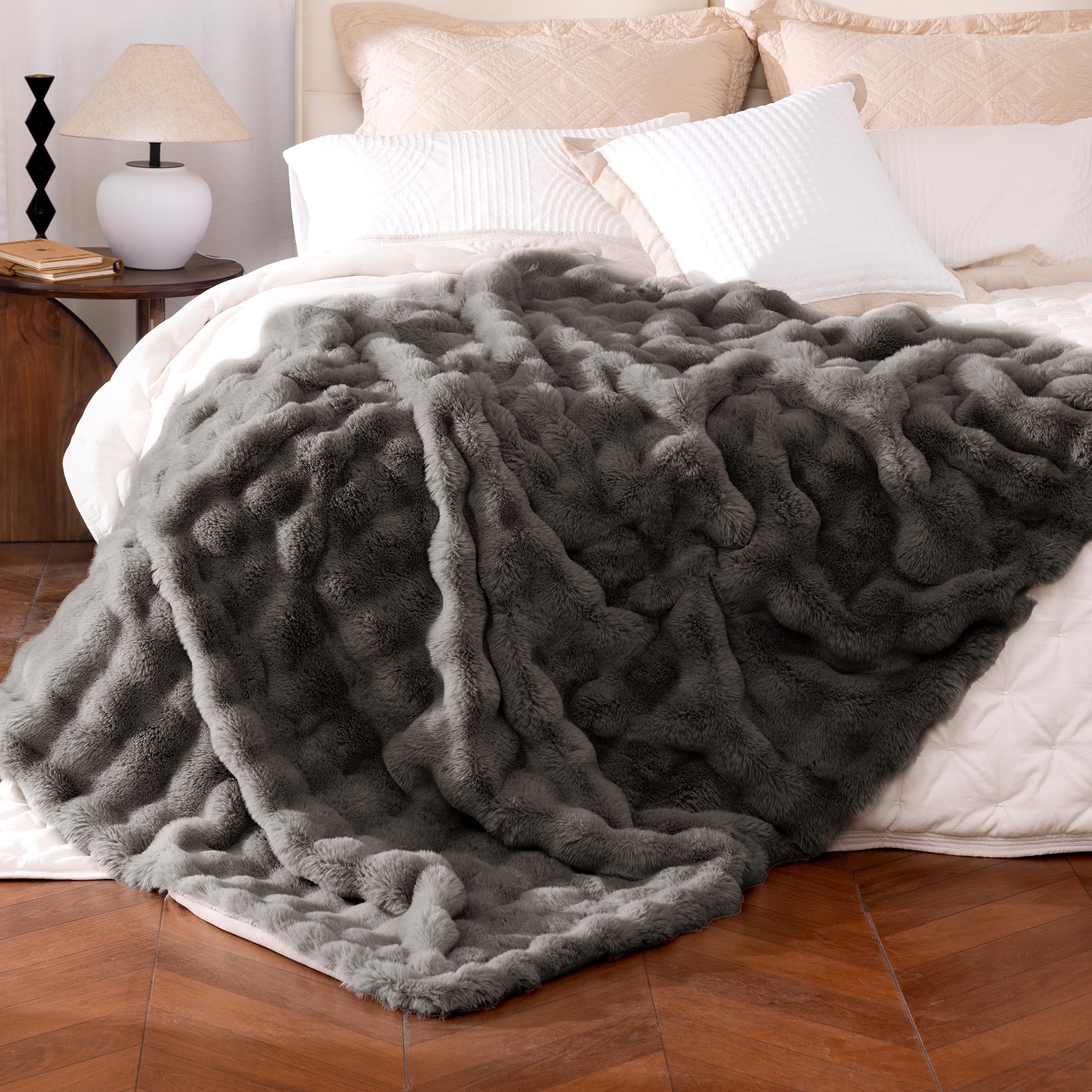 Photo 1 of Ultra Soft Cozy Faux Fur Throw Blanket, Fuzzy Plush Thick Bubble Blanket, Oversize Luxury Fluffy Blanket for Couch, Bed, and Living Room, 60x80 Inches, Dark Grey Taupe