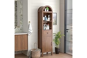 Lxsxlome 64" Tall Bathroom Storage Cabinet with Adjustable Shelves,Tall Narrow Arched Freestanding Tower Cabinet with Fluted Doors and Drawers,Space Saving Organizer for Bathroom Living Room (Walnut)