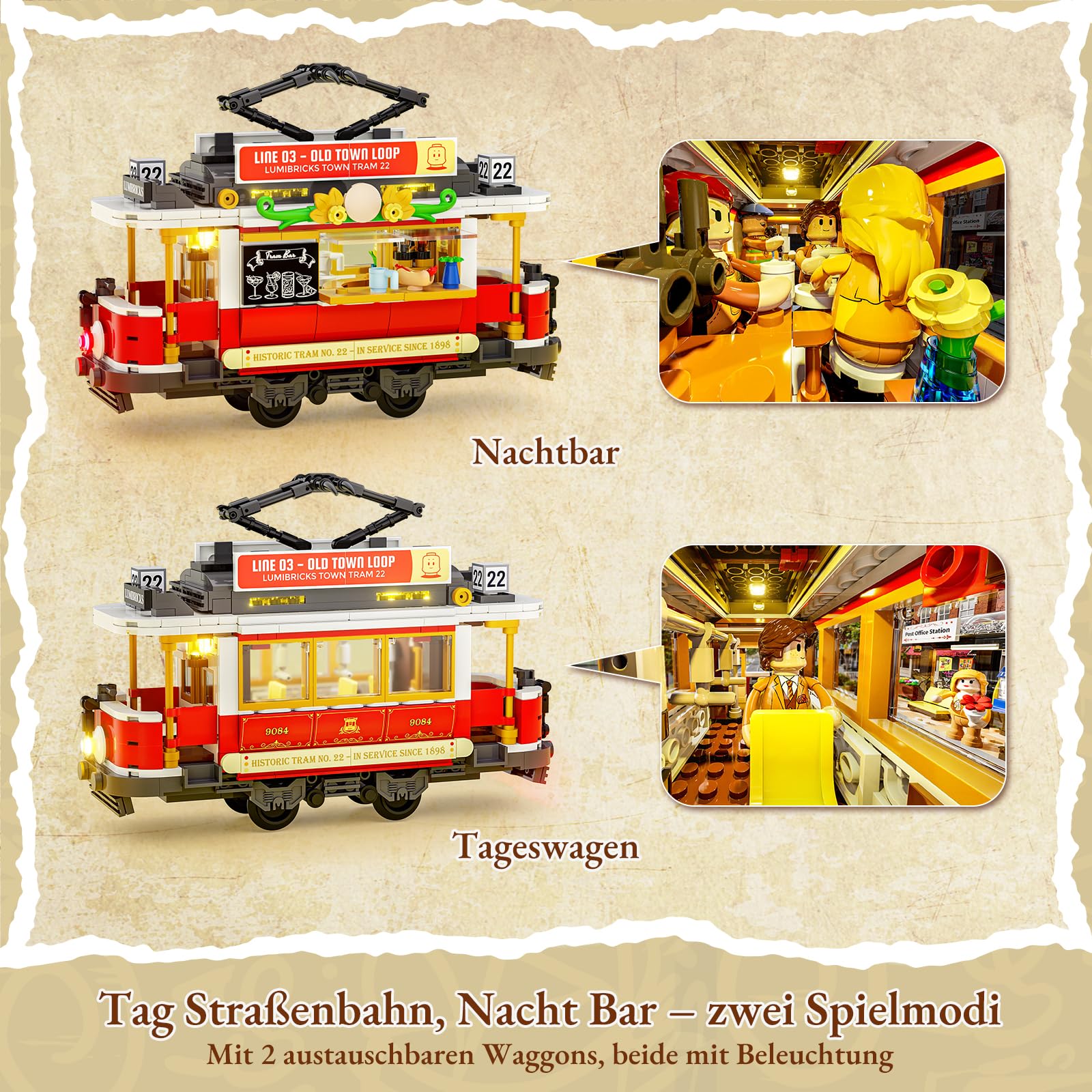 Lumibricks Heritage-Straßenbahn und -Haltestelle Bausatz mit Licht, Vintage-Dekor,kompatibel mit Modular Buildings,1274Pcs,Alter 16+, L9084 3