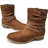 VJH confort Women's Mid Calf Boot,Round Toe Low Heel Comfort Slouchy Bootie with Side Zipper Buckle Strap