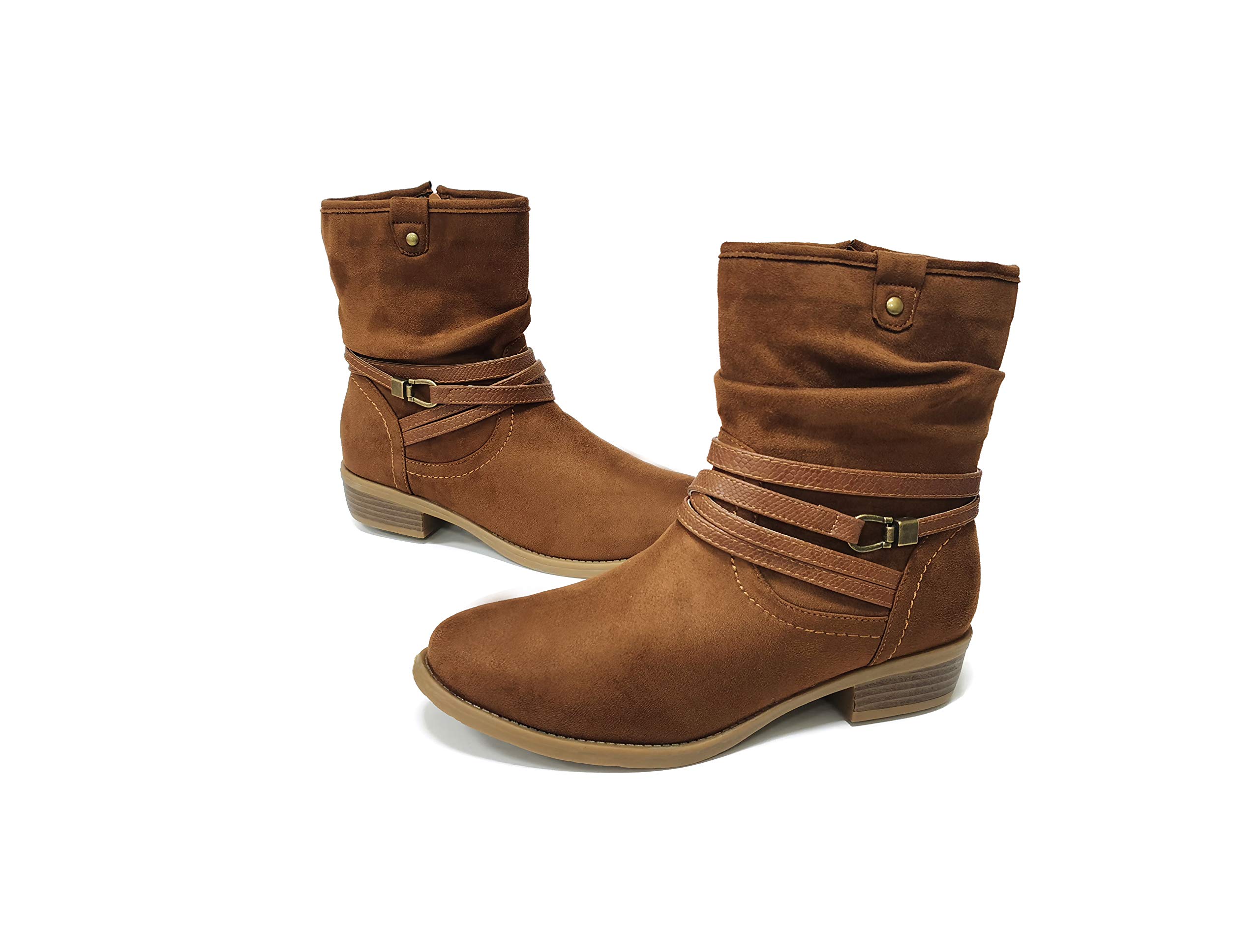 Photo 1 of VJH confort Women's Mid Calf Boot,Round Toe Low Heel Comfort Slouchy Bootie with Side Zipper Buckle Strap (tan,9)
