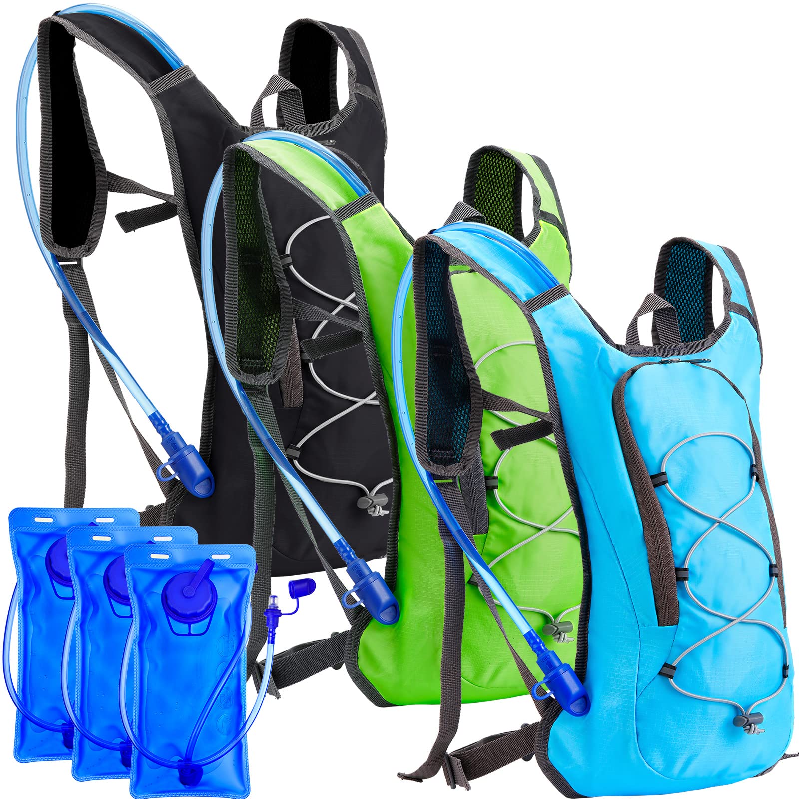 Photo 1 of Cunno 3 Pcs Hydration Backpack with 3 Pcs 2l Water Bladder Water Backpack Hydration Pack for Camping Hiking Cycling Running Climbing Biking(Black, Blue, Green)