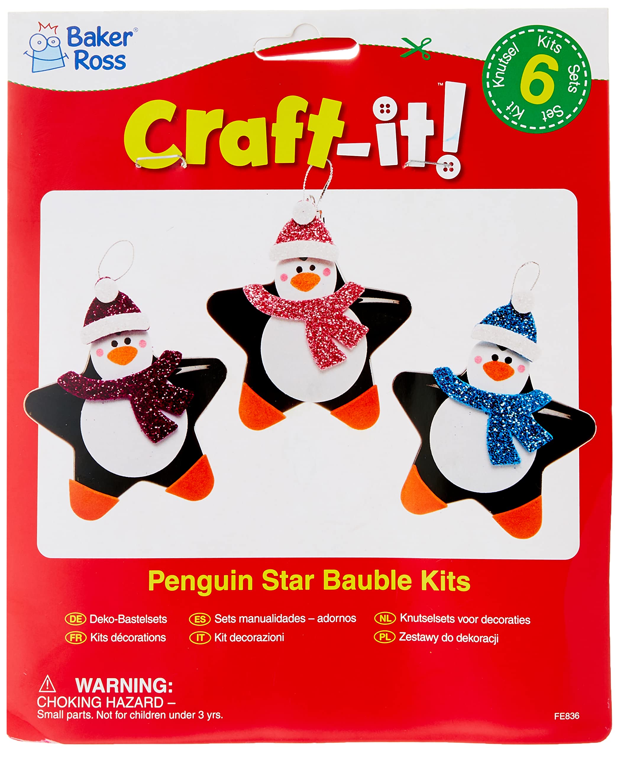Baker Ross Penguin Star Bauble Kits – Pack of 6, Make Your Own Christmas Bauble Decoration, Christmas Decoration Craft Kit (FE836)