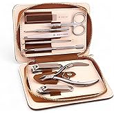 Beauty Power 9 in 1 Professional Manicure Pedicure Set - Stainless Steel Nail Clippers, Nano File, Cuticle Nipper, Scissors, Tweezers, Travel PU Leather Case for Men & Women - Gift Idea - Brown