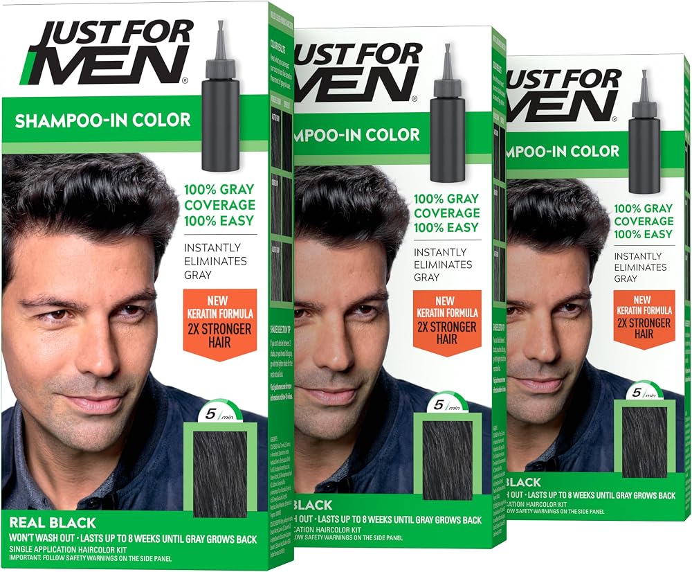 JUST FOR MEN Shampoo-In Color, Hair Color, Real Black H-55 (3 Pack) | Shampoo-in Color real black patented formula instantly