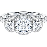THELANDA Genuine Moissanite or Simulated Diamond Sterling Silver Three Stone Halo Promise Ring 1CT Main Stone Engagement Ring For Her