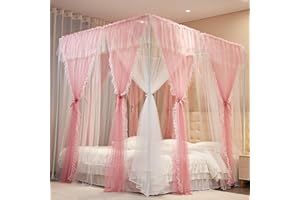 AIOOO 4 Corners Post Princess Curtains Bed Canopy for Girls 8 Panels Curtain- Double Layer Sheer Mesh Canopies Drapes Girls Room Decor (8P-Pink/White, 4P(43"x82") W+4P(43"x82") L/(King))