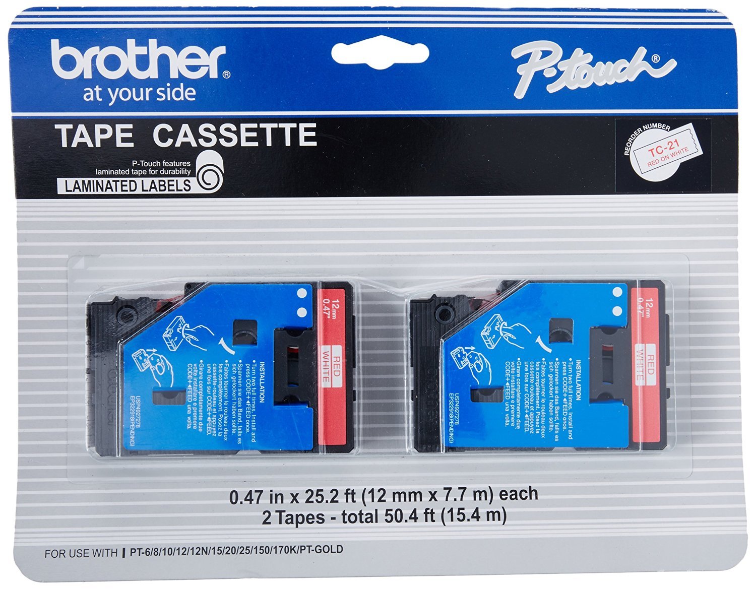 2/Pack 1/2" (12mm) Red on White Ptouch TC Tape for Brother