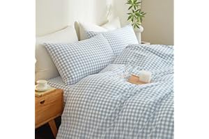 Blue Gingham Duvet Cover Set Queen Size Plaid Grid Checkered Bedding Set 3 Pcs Soft Washed Microfiber Comforter Cover with Zi