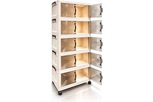 5-Tier Folding Storage Cabinet with Wheels, Stackable Plastic Organizer with Transparent Doors, Dustproof Rolling Storage Cup