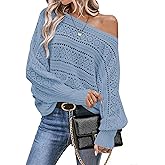 GraceSelect Womens Blue Off The Shoulder Top, Long Sleeve Crewneck Hollow Sweaters, Knit Bow Fall Fashion Outfits 2025