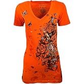 Archaic by Affliction Women's T-Shirt After Party, Orange, V-Neck, Graphic Print Roses, Butterflies Gun Design