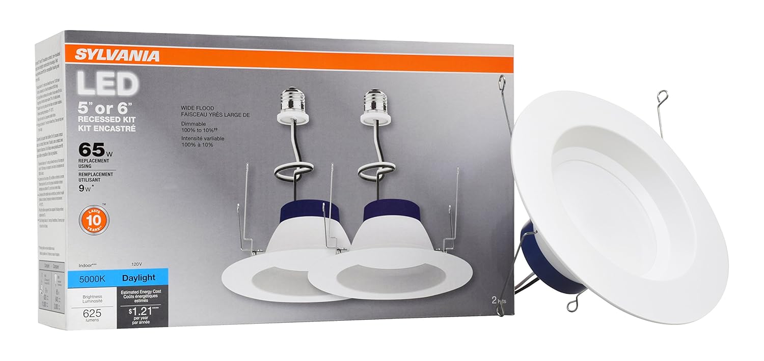SYLVANIA General Lighting 74403 RT5/RT6 Sylvania 60W Equivalent White Trim LED Recessed Retrofit Downlight (Fits Housing Diameter: 5-in or 6-in) 2-Pack, 2 Piece