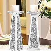 Wocred 2 Piece Candlestick Holders for Holding Pillar Candles, Crystal Crushed Diamond Candle Holders Set Decor for Dinning Room, Silver Glass Votive Candle Holders for Table Centerpiece(12”)