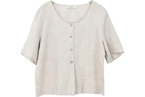 Amazhiyu Womens 100% Linen Blouse Crew Neck Short Sleeve Button Down Blouse