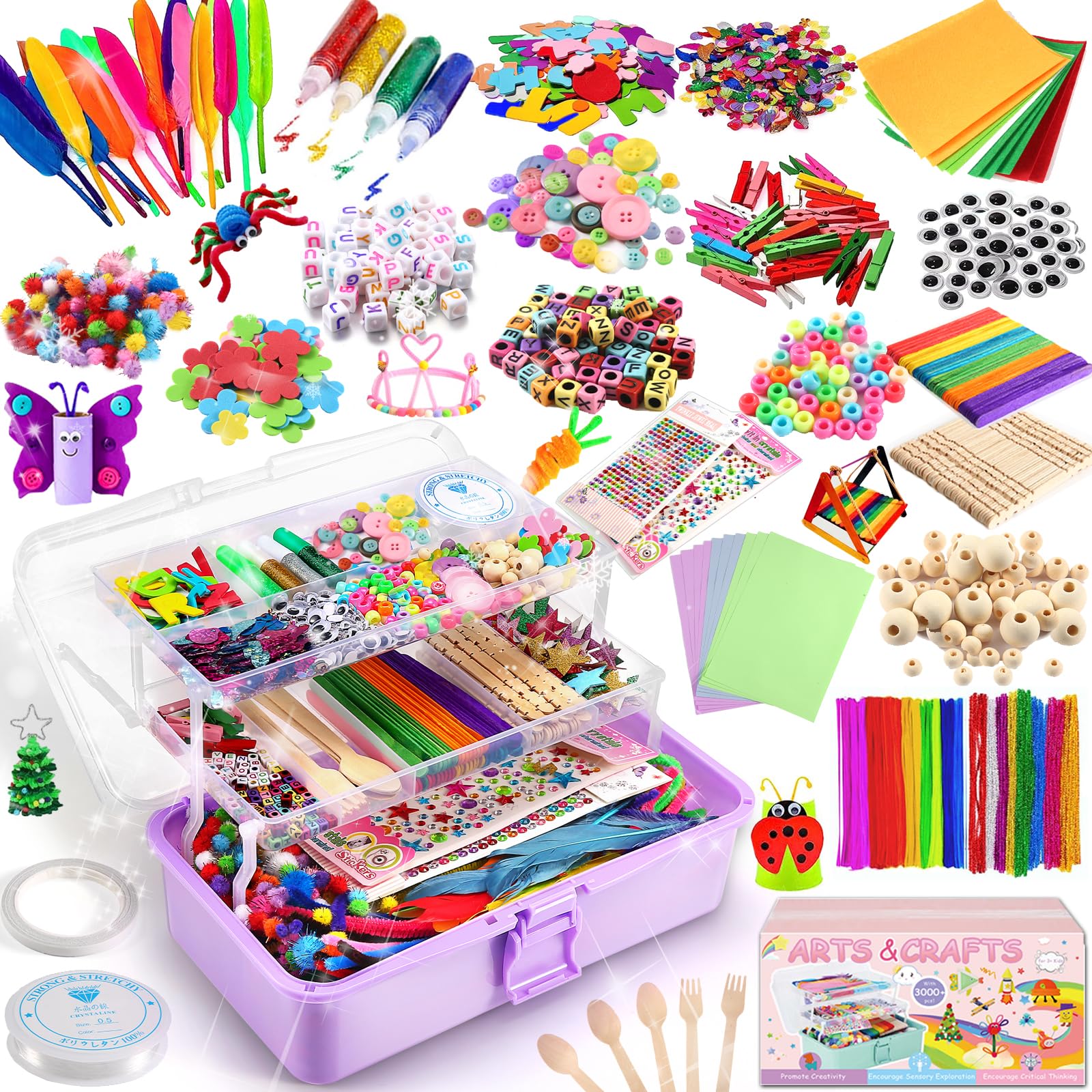 Arts and Crafts Supplies for Kids, 3000+Pcs DIY Craft Kits, Ages 6-10, Educational Preschool and Homeschooling Arts Programs, Children Craft Kits, Christmas Gifts in Portable 3 Layered Plastic Art Box
