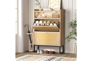 FiveWillowise Shoe Storage Cabinet, Rattan Shoe Cabinet with 2 Flip Drawers & Sensor Light for Entryway, Narrow Free Standing Shoe Racks for Entryway, Hallway, Natural