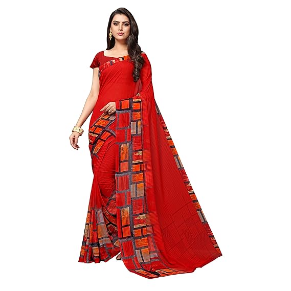 georgette with blouse piece Saree (PC1086_ Red_ One Size)