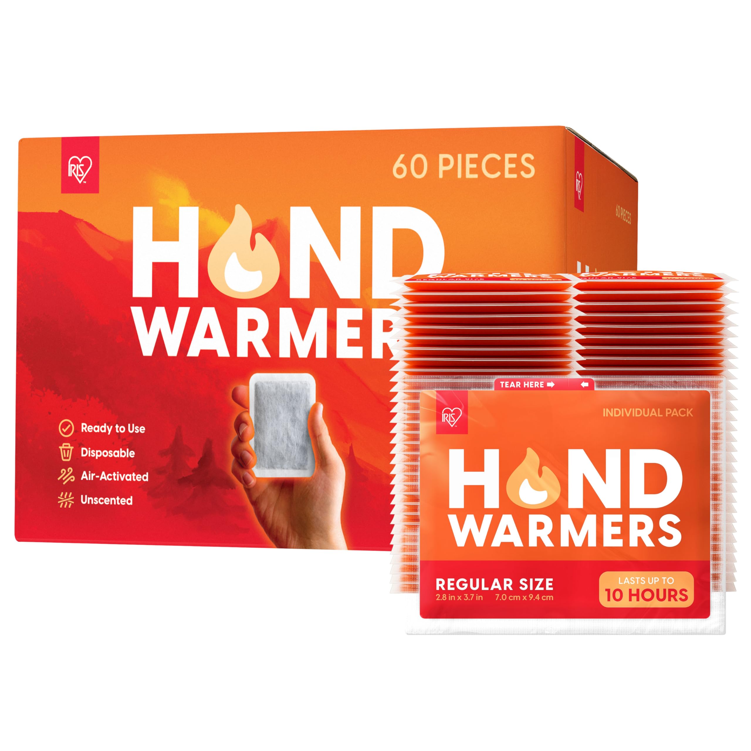 Photo 1 of IRIS USA Hand Warmers, Regular - 60 Individual Warmers, Up to 10 Hours Long-Lasting for Warm Hot Hands Body, TSA-Approved, Pocket Glove Hot Hands Handwarmers Bulk Disposable, Camping Skiing Outdoor