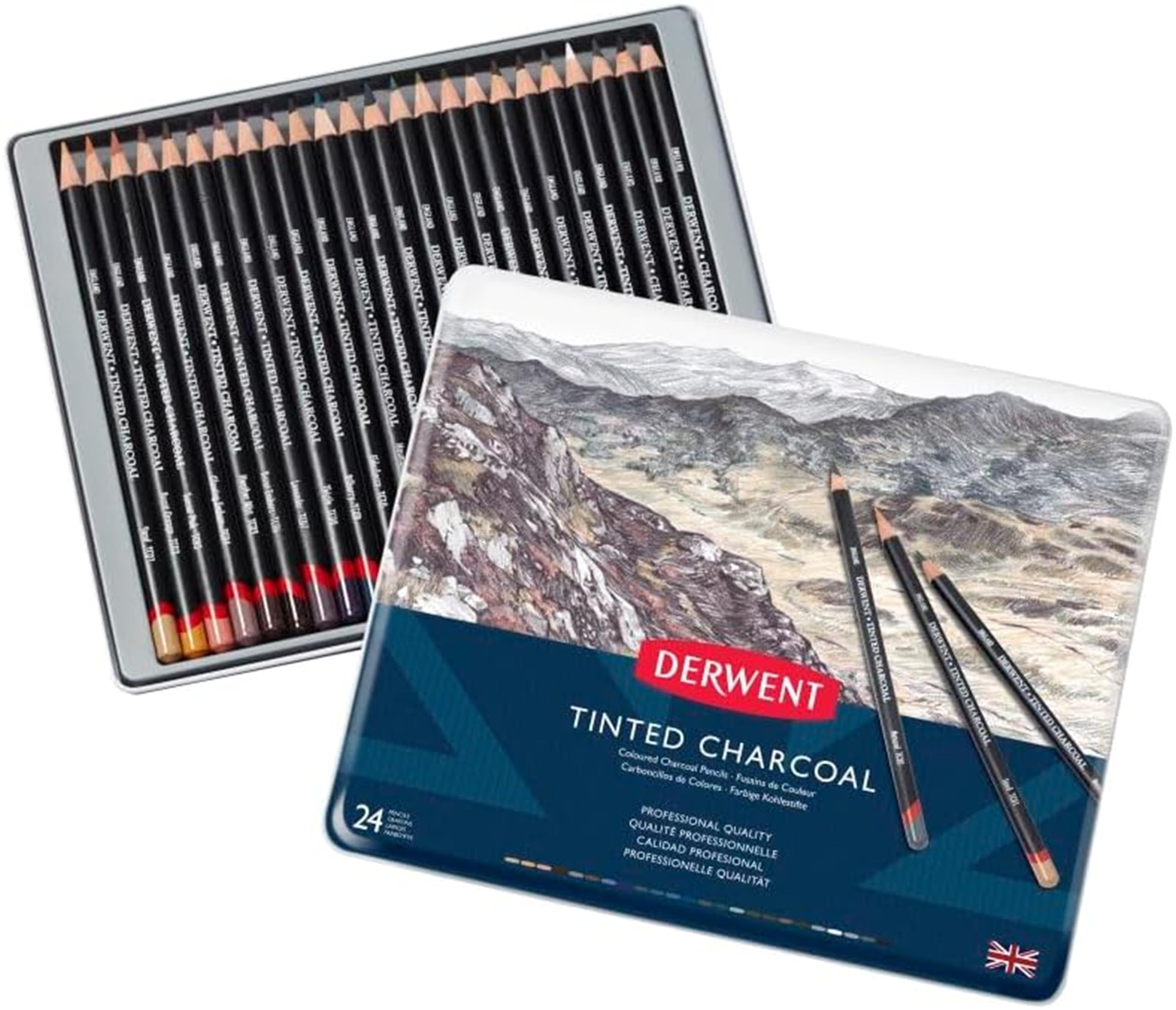 Derwent Tinted Charcoal Drawing Pencils, Drawing & Writing, Set Of 24, Watersoluble, Ideal For Blending & Smudging, Professional Quality, 2301691