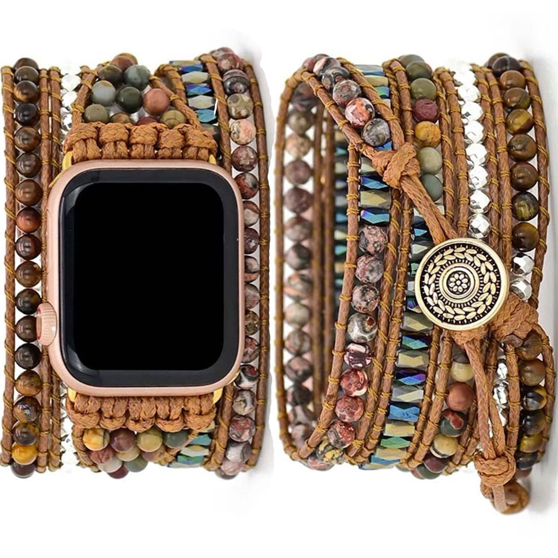 Photo 1 of Somesame Compatible with Apple Watch Band 41mm 40mm 38mm 42mm(S10) Women Boho Beaded Bracelets,Multilayer 5 Wraps Tiger eye Handmade Braided Watch Strap for iWatch SE Series 10 9 8 7 6 5 4 3 2 1,Brown
