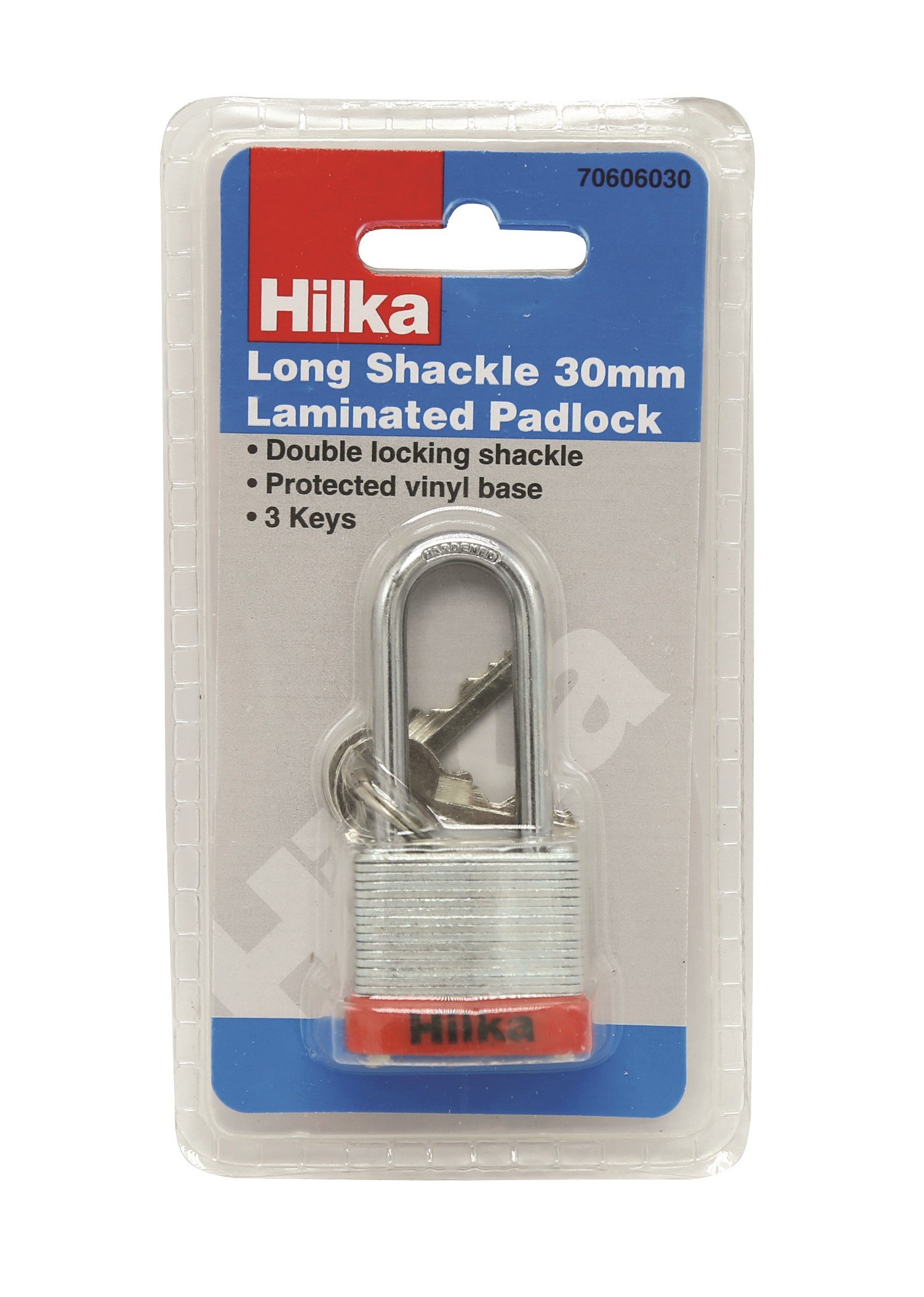 Hilka Tools 70606030 Long Shackle 30mm Laminated Padlock, Silver