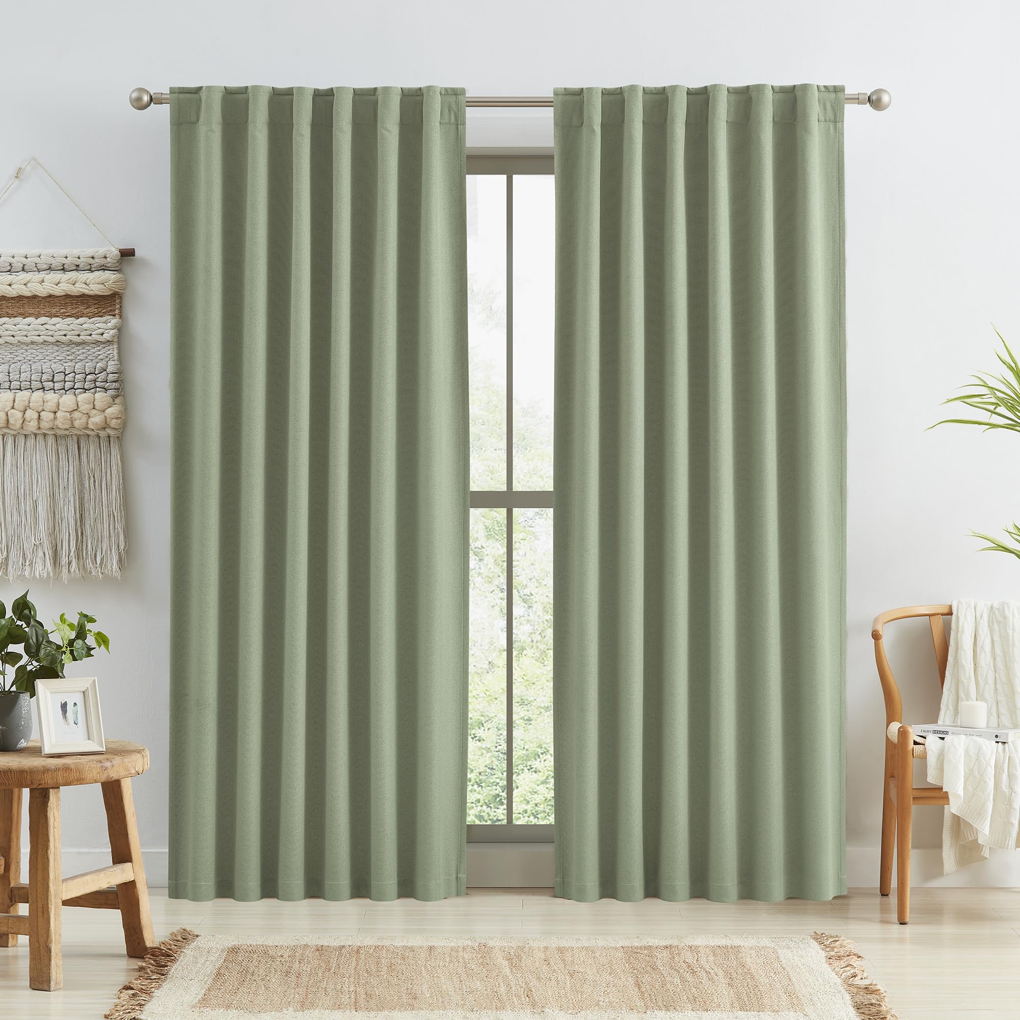 Photo 1 of KEQIAOSUOCAI Sage Green Blackout Linen Curtains 84 Inch Length 2 Panels Set, Back Tab Rod Pocket Hooks Window Treatment Boho Cotton Textured Long Drapes for Bedroom Living Room 50x84