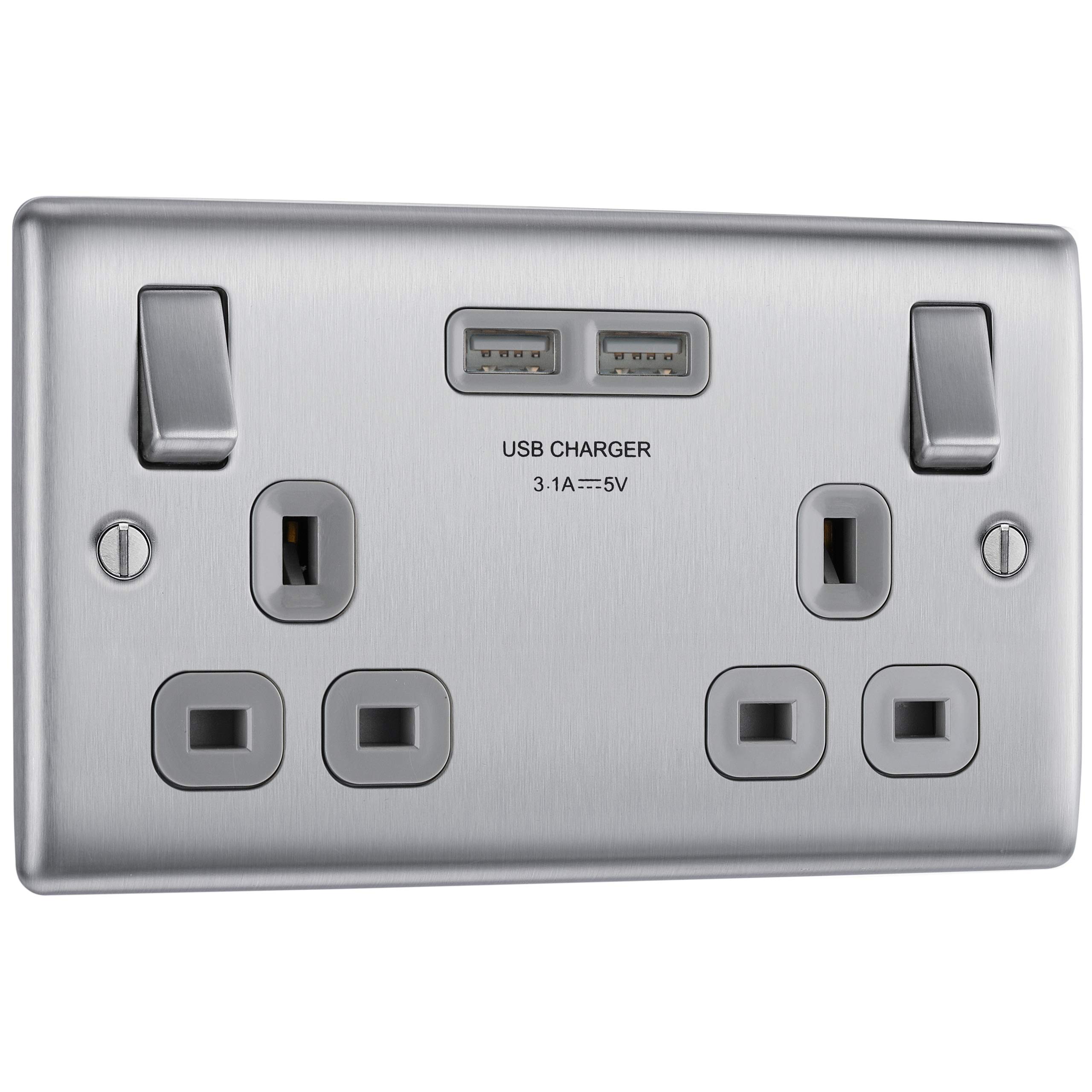 BG Electrical Double Switched Power Wall Plug Socket with Two USB-A Charging Ports, Nexus Metal, Brushed Steel, Grey Inserts, NBS22U3G