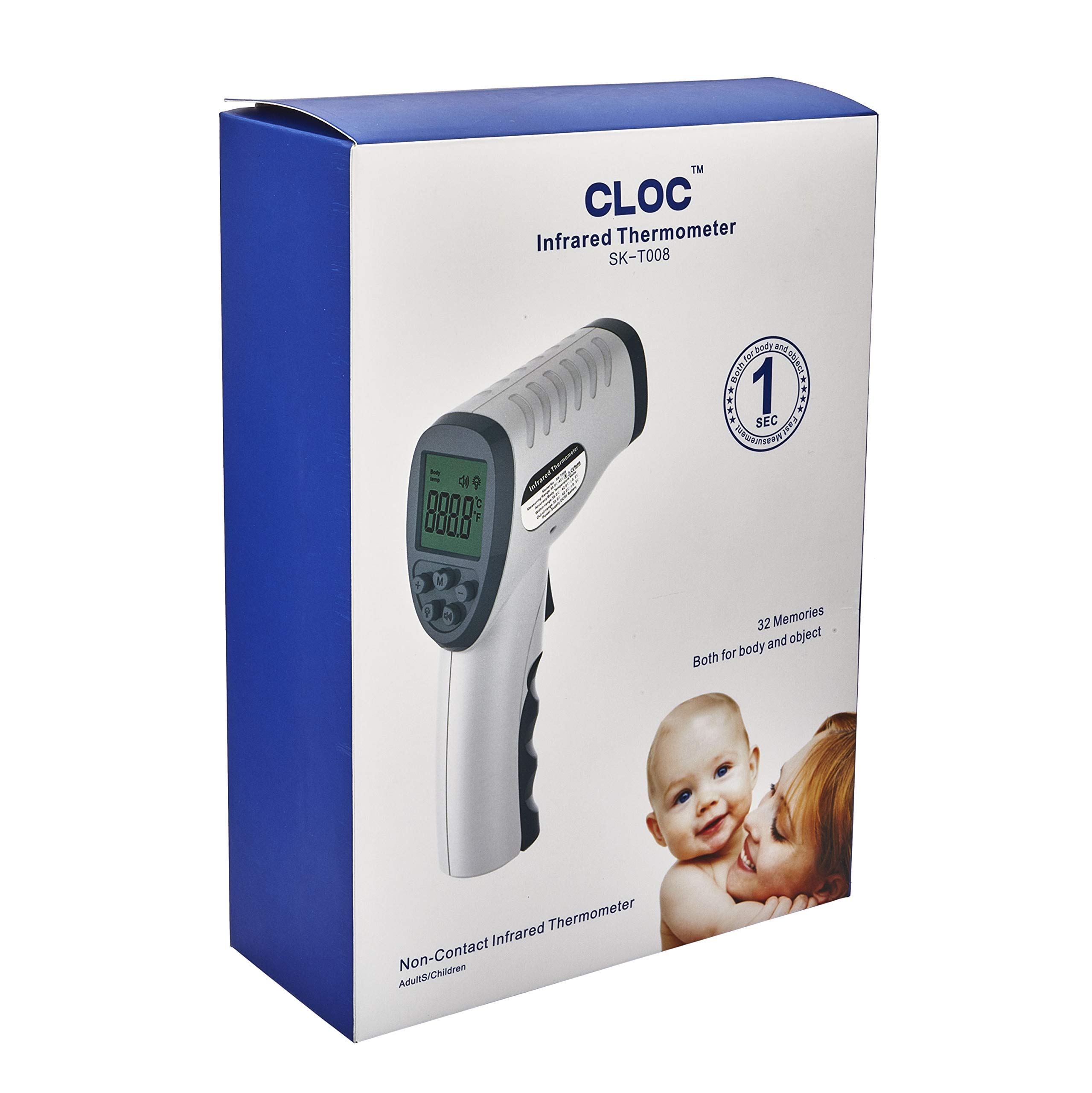 CLOC Non-Contact Infrared Thermometer SK-T008 - Both for Body and Object - Test Celsius & Fahrenheit - White