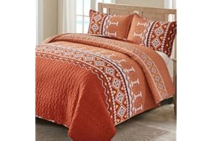 WONGS BEDDING Boho Quilt Set California King,3 PCS Burnt Orange/Rust Quilt Bedspread Lightweight Geometry Printed Coverlet Set with 2 Pillowcase,Soft Bohemian Bedding Set 106"×96"