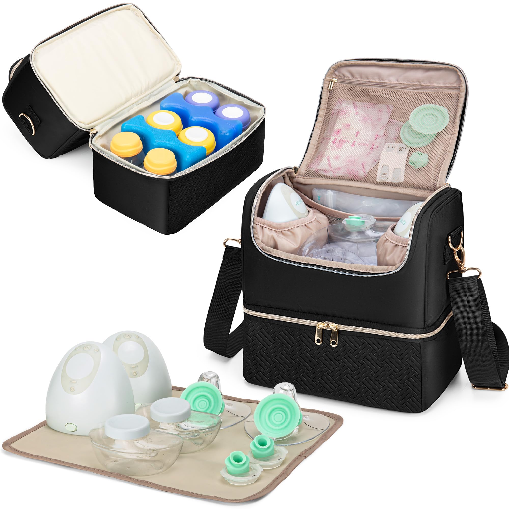 Fasrom Breast Pump Bag with Cooler Compatible with Elvie and Medela Pump, Wearable Breast Milk Storage Bag Cooler with Crossbody Strap and Waterproof Mat for Work Moms, Black(Empty Bag Only)
