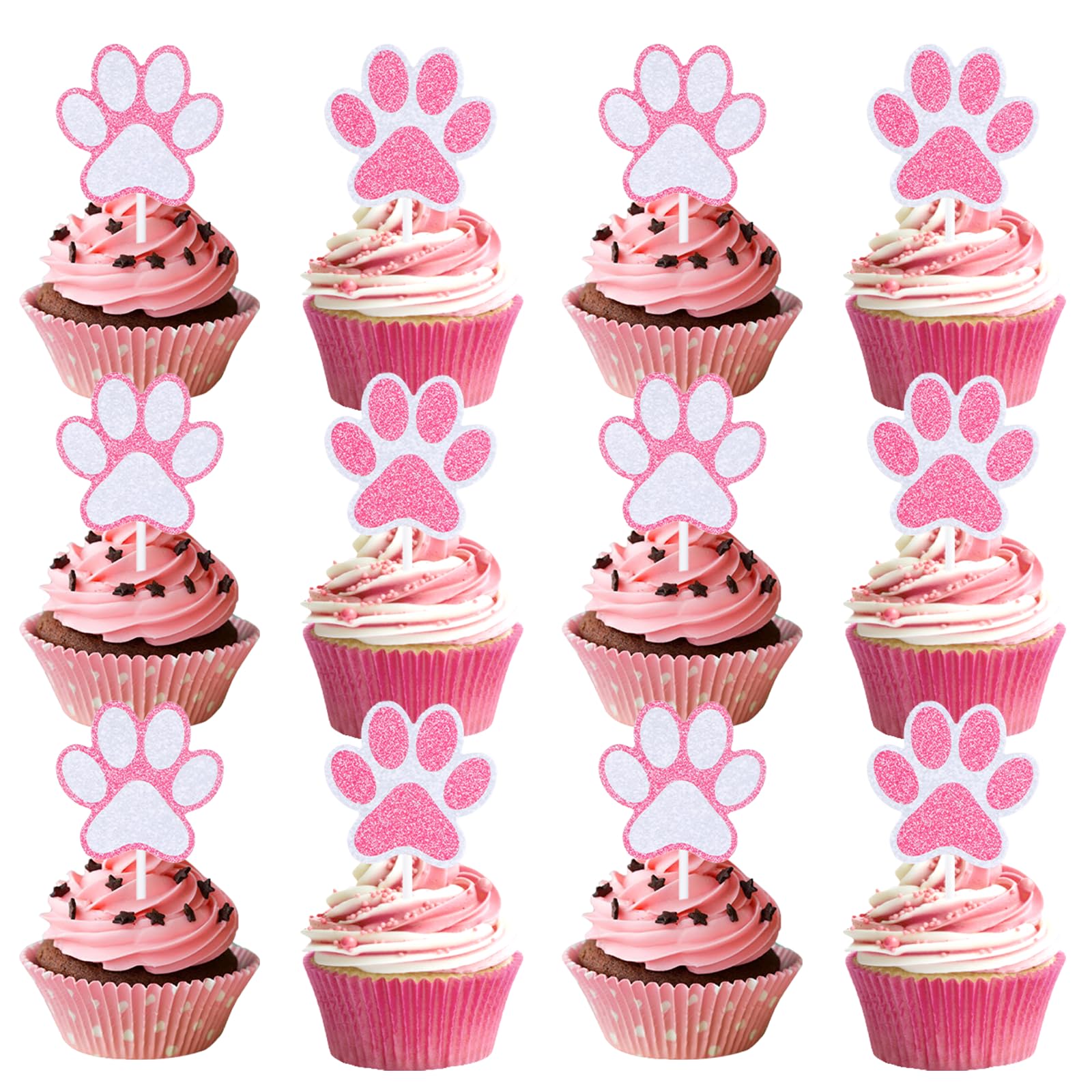 Photo 1 of 24 Pcs Pink Paw Print Cupcake Toppers Glitter Puppy Paw Cake Toppers Puppy Birthday Decorations Supplies for Birthday Party Cat Theme Party Cake (2 Styles)