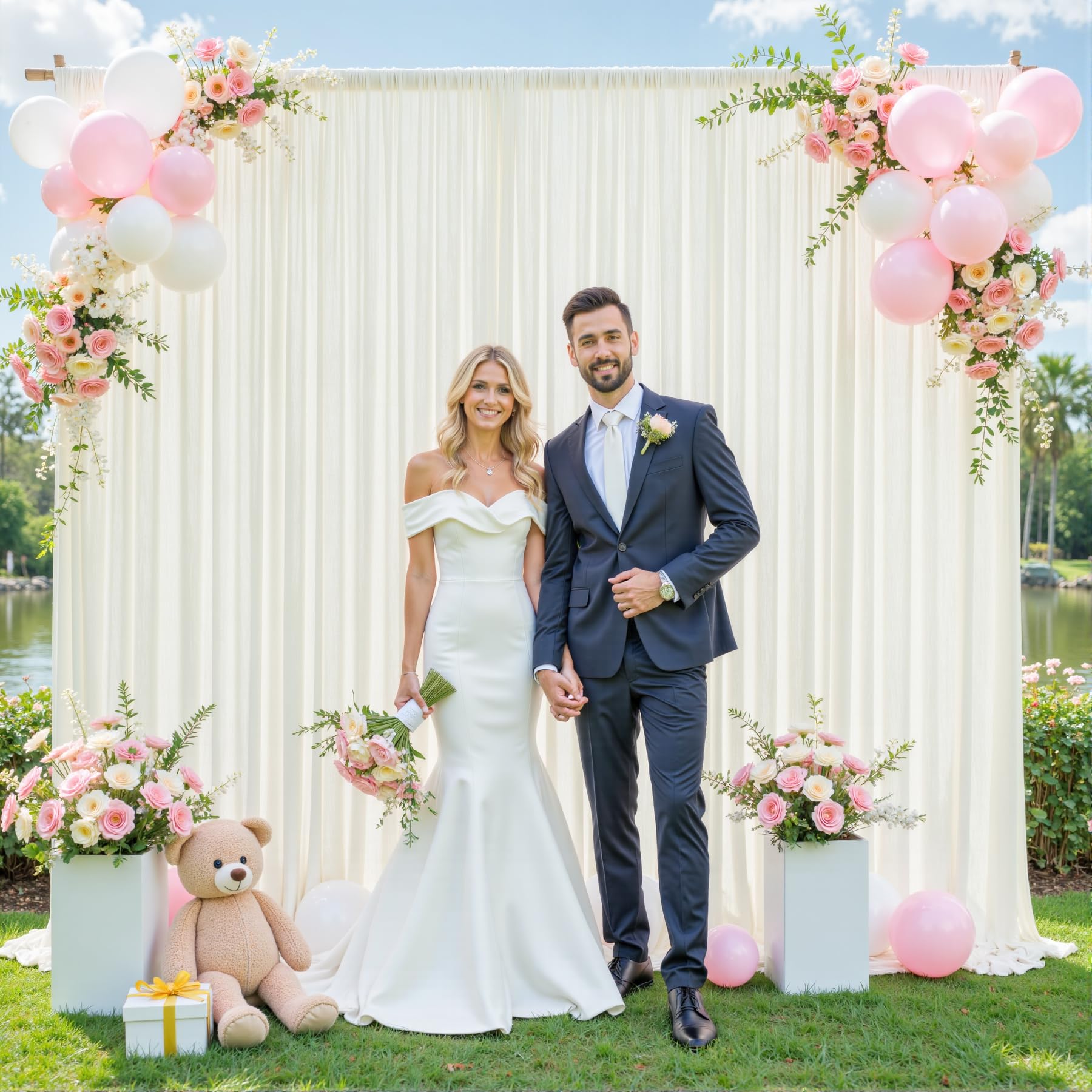 Photo 1 of 10ft x 7ft Ivory Backdrop Curtain for Wedding Ivory Wrinkle Free Backdrop Drapes Panels for Parties Baby Shower Bridal Shower Birthday Photo Photography Polyester Fabric Background Decoration