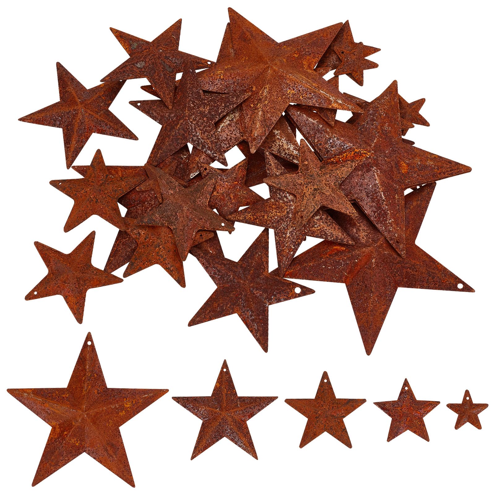 GORGECRAFT 30PCS 5 Sizes Metal Rusty Barn Star 1/1.5/2/ 2.4/3.75 Inch Antique Primitives Rustic Country Tin Steel Stars Mini Hanging Star for DIY Crafts Vintage Farmhouse Home Door Wall Decor