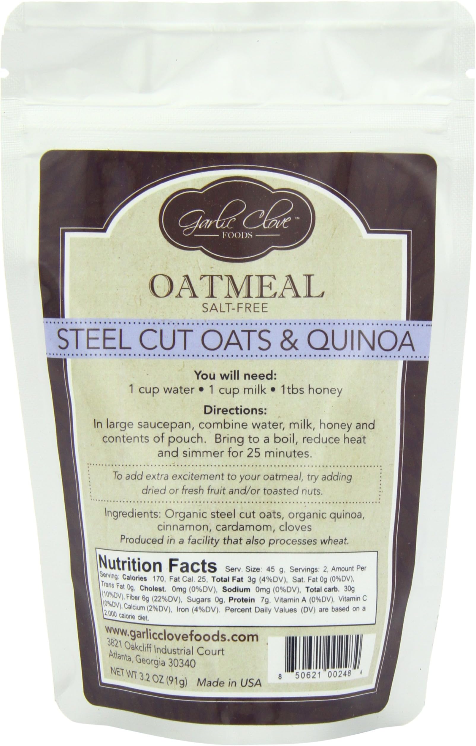 Garlic Clove Foods Steel Cut Oats and Quinoa Oatmeal, 3.2 Ounce (Pack of 6)