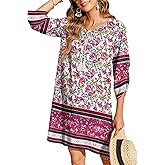 Zeagoo Womens Boho Dresses Casual Beach Summer Dress Tassel Tie Neck 3/4 Long Sleeve Mini Sundress 2026 Floral Print Cover Up