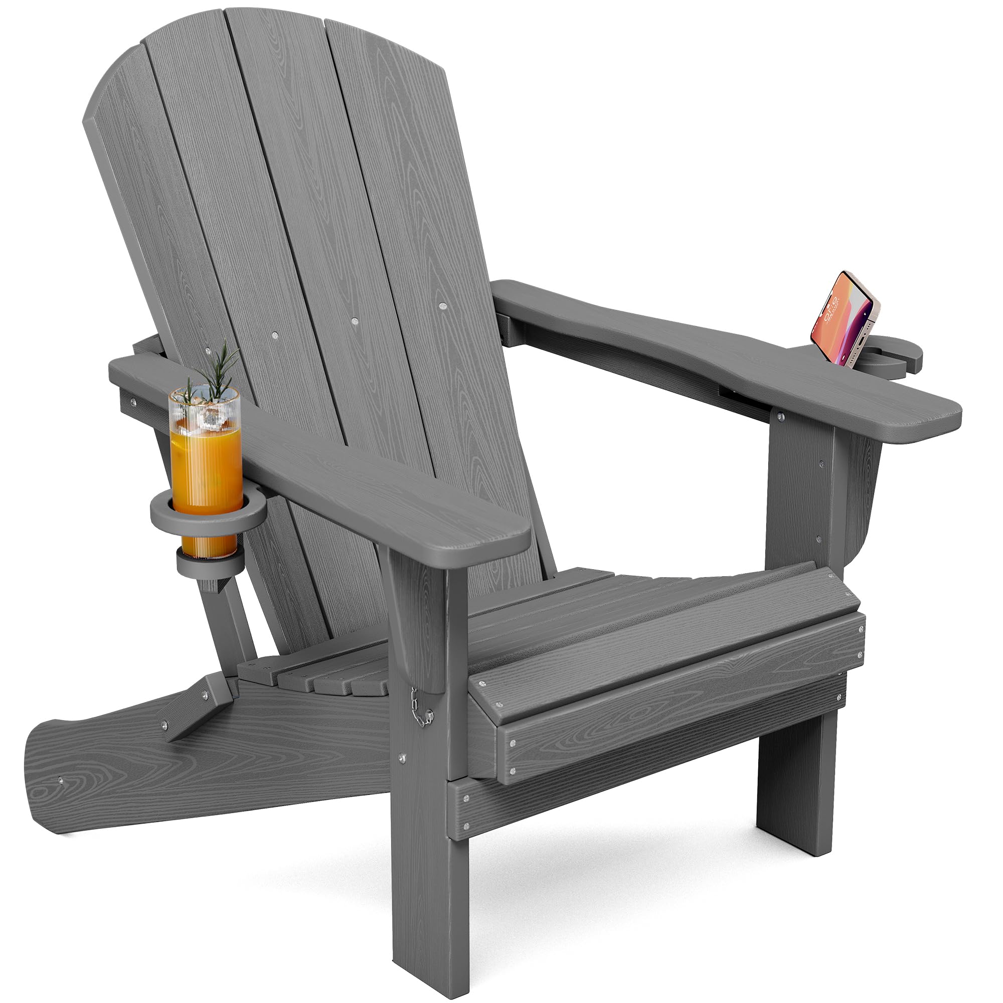 SERWALL Folding Adirondack Chair, Dual Cup Holders & All-Weather HDPE, Wood-Like Patio Chair for Backyard, Camping，Pool & Fire Pit- Grey Image