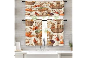 Nesphy Fall Leaves Pumpkin Kitchen Window Curtains Valance and Tier Set 36 Inch, Autumn Leaf Orange Thanksgiving 3 Piece Window Treatment Tiers for Living Room Bedroom Kitchen Decor Drapes