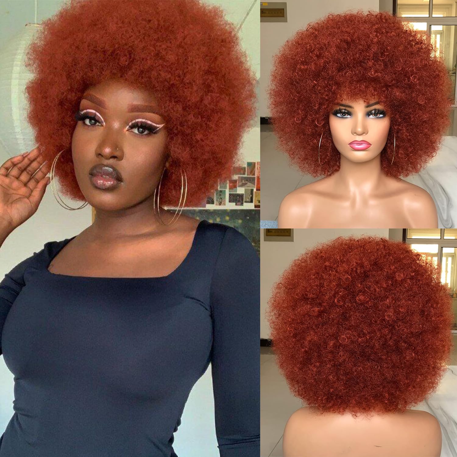 ISAMY 70's Afro Wigs for Black Women Short Curly Afro Kinky Wig Bouncy Huge Fluffy Puff Wigs Premium Synthetic for Cosplay and Daily (Copper)