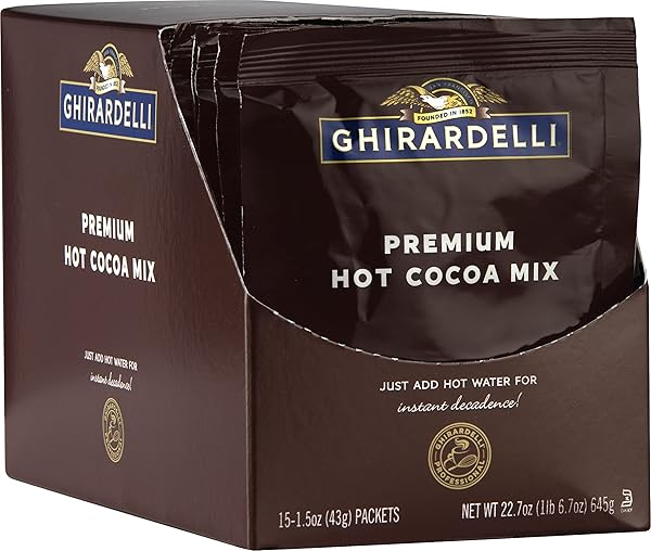 GHIRARDELLI PREMIUM HOT COCOA ENVELOPES, RICH CHOCOLATE, 22.7 OUNCE (PACK OF 15)