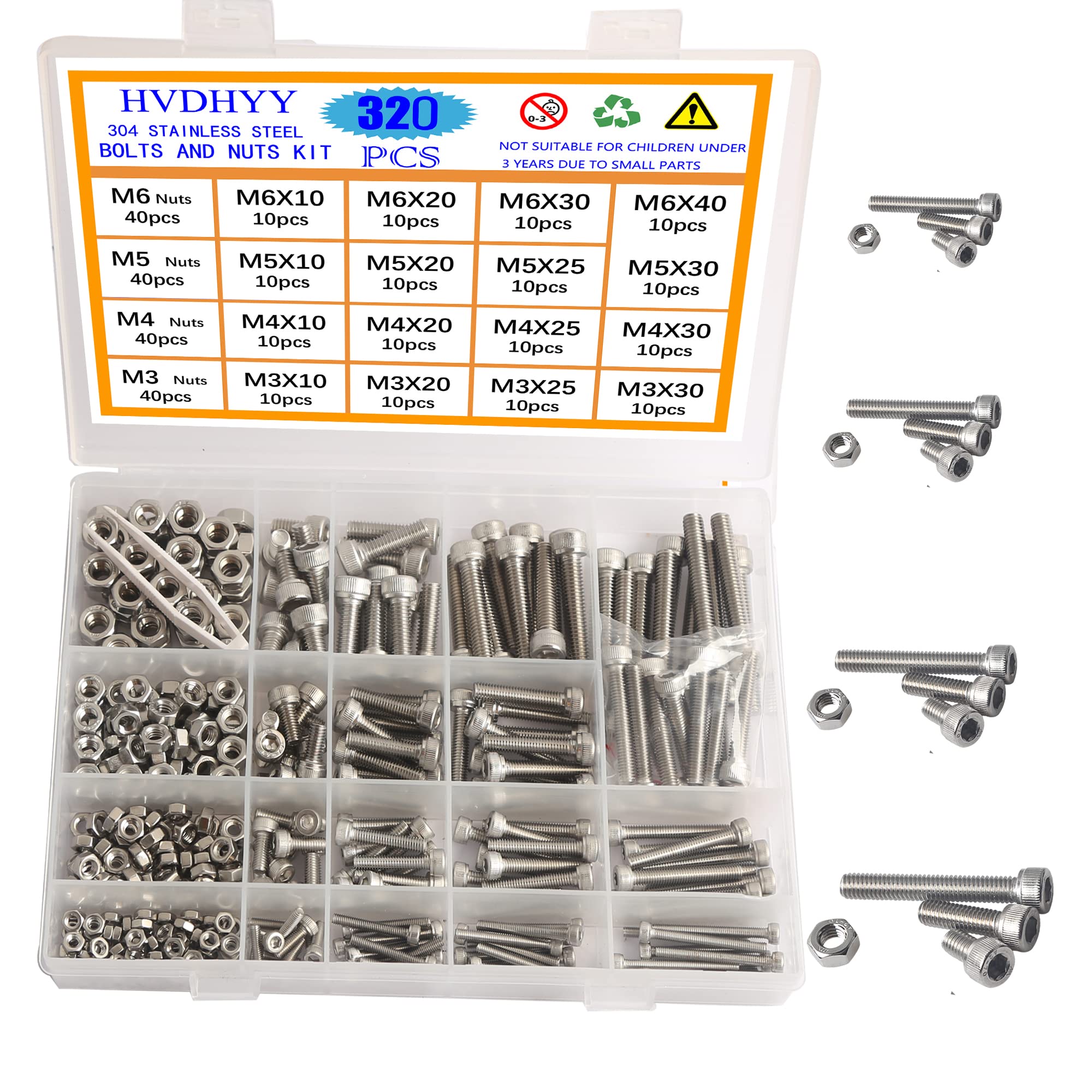HVDHYY M3 M4 M5 M6 Nut and Bolt set Machine Screws & Nuts Assortment kit 304 Stainless Steel Hex Socket Button with a Reusable Storage Box (320pcs)