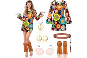 Jinei 6 Pcs Women's 60s 70s Hippie Costume Hippie Outfit for Women Disco Dress Set Retro Accessories Halloween Party