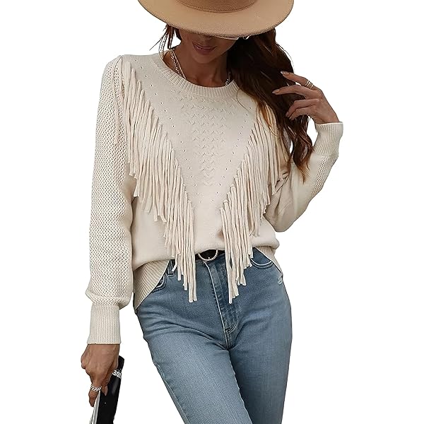 chouyatou Women's Casual Crewneck Fringe Tassel Knitted Pullover