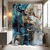 Pdvbiee Teal and Gray Marble Shower Curtain Turquoise Aqua Gold Swirl Shower Curtains for Bathroom Decor, Waterproof Cloth Fabric with Hooks 70 X 72 Inch