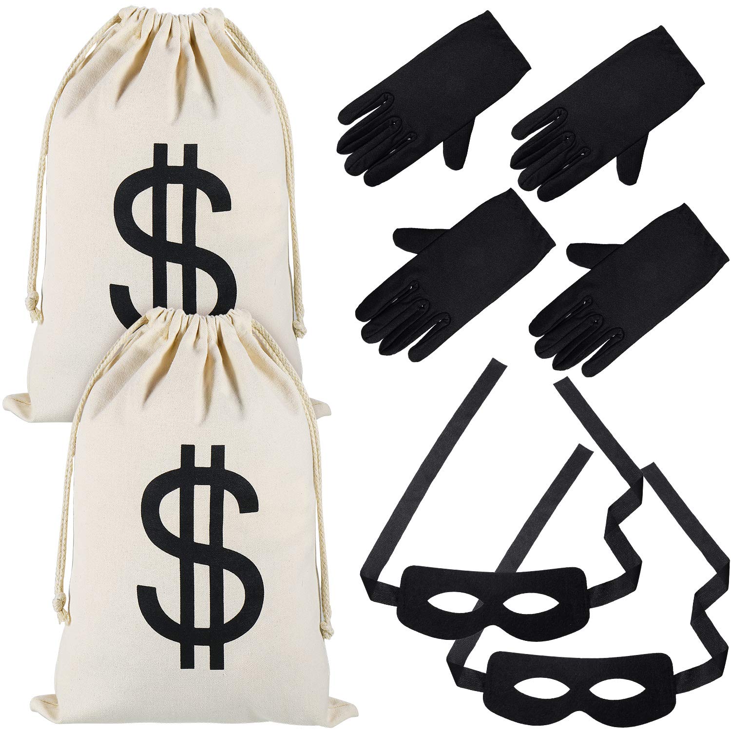 2 Sets Robber Costume Set Include 2 Pieces Fake Dollar Sign Bag, 2 Pieces Thief Eye Mask and 2 Pairs Black Gloves