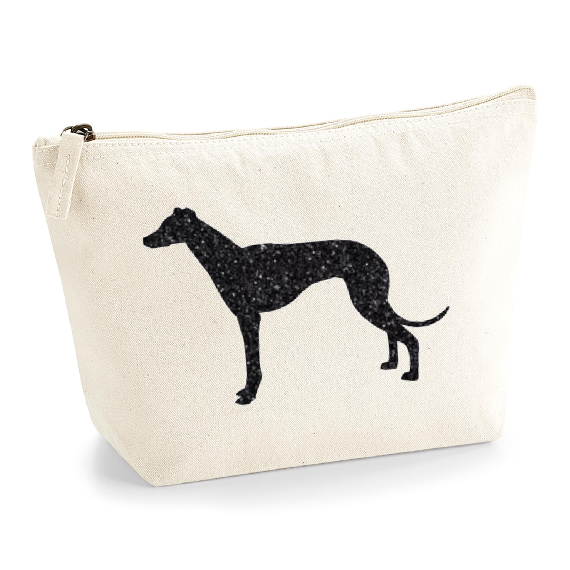 Greyhound Makeup Bag – Natural Cotton Canvas Cosmetic Pouch with Black Glitter Greyhound Design – Dog Lover Gift – Zippered Storage Bag for Toiletries, Beauty Products & Travel
